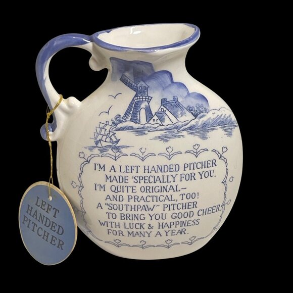 Left-Handed Ceramic Pitcher With Blue & White Nautical Design 5" - Picture 1 of 8